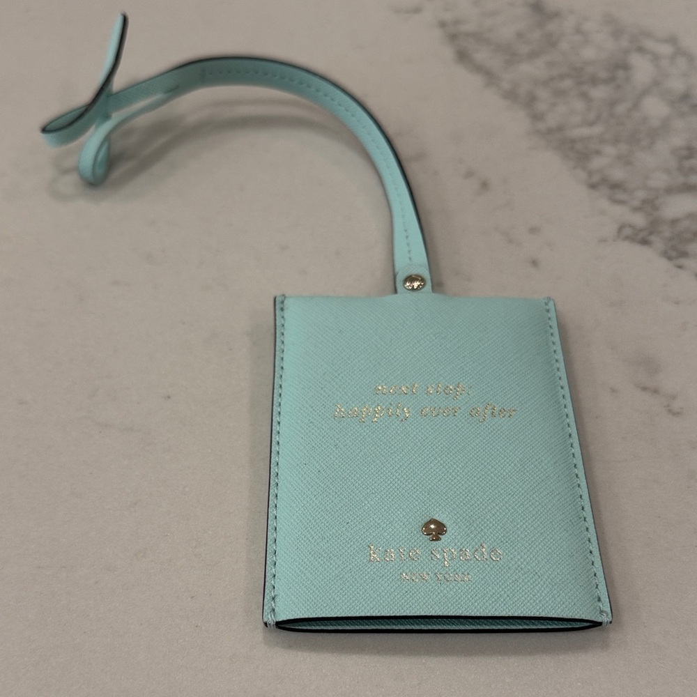 kate spade Aqua Leather Happily Ever After Luggage Tag with Gold Logo